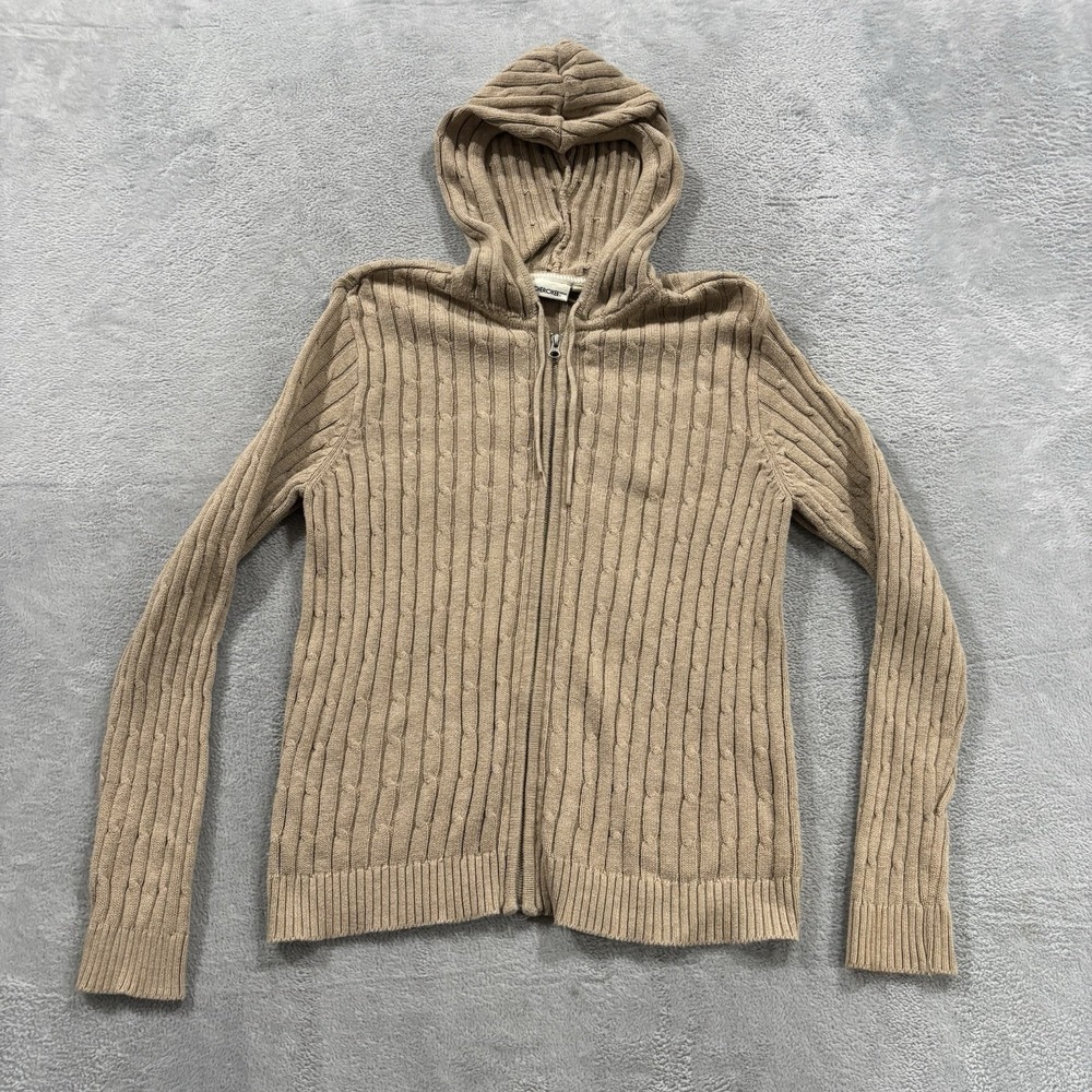 Vintage Cherokee Cardigan Women's Large Cable Knit Sweater Hooded Full Zip Beige